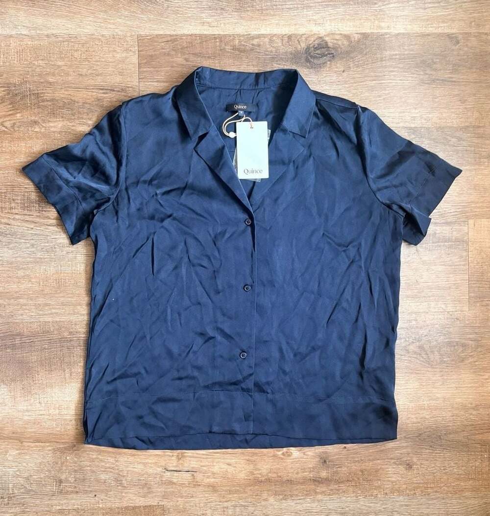 Quince Washable Stretch Silk Short Sleeve Notch Collar Blouse